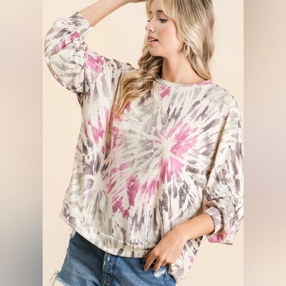 BiBi Tie Dye Print Terry Pull Over Women's Tie-Dye Long Sleeve Top sz Medium - Picture 5 of 9